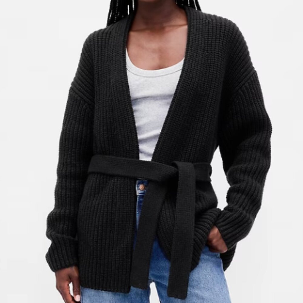 NWT GAP Cotton-Blend Wrap Cardigan Sweater in Black - Picture 1 of 13